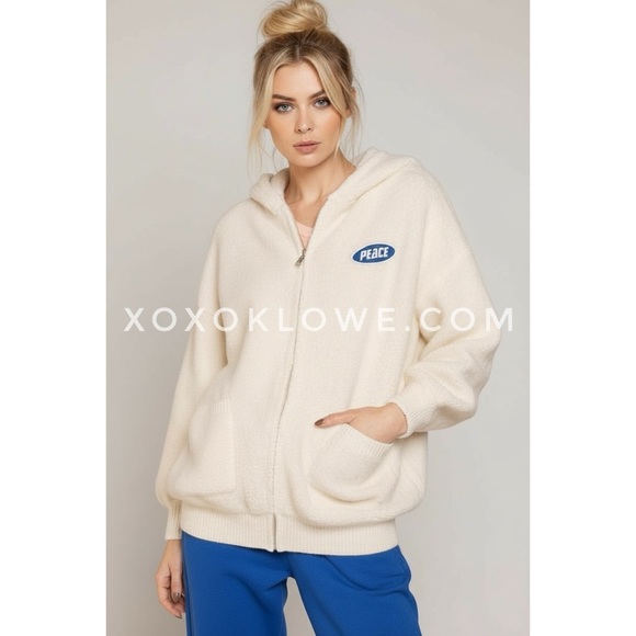 POL Tops - POL Cream Peace Patch Fuzzy Knit Hoodie | Oversized Zip Sweater